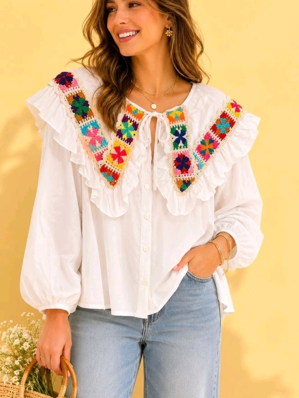 POL White Peasant Blouse with Multicolor Granny Square Crochet Collar